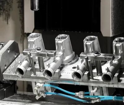 Multi-axis CNC machining center performing secondary precision milling on aluminum tool housings to achieve ±0.01mm tolerances.