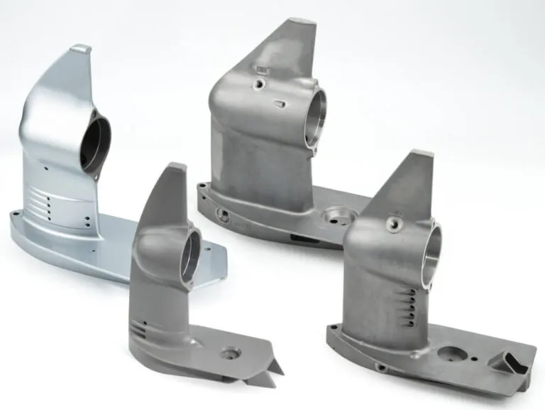 A collection of marine industry components showcasing diverse JoinCast capabilities including raw aluminum castings, trivalent chromium treatment, and liquid coating.