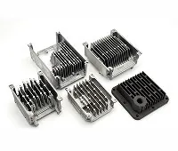 Diverse range of ADC-12 aluminum die-cast heat sinks and ECU housings featuring complex 3D cooling fin geometries and powder-coated finishes.