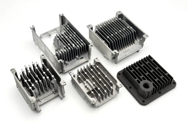 A collection of high-performance aluminum die-cast heat sinks and controller housings featuring complex 3D fin geometries for efficient thermal management.